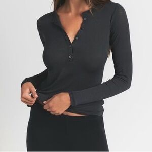 Women's Black Long Sleeve Henley Top Skims Black